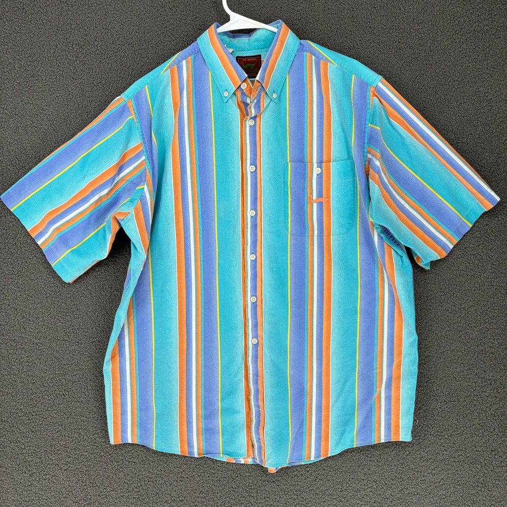 Duxbak Mens XL Short Sleeve Button Down Shirt Cotton Striped Vintage Turquoise